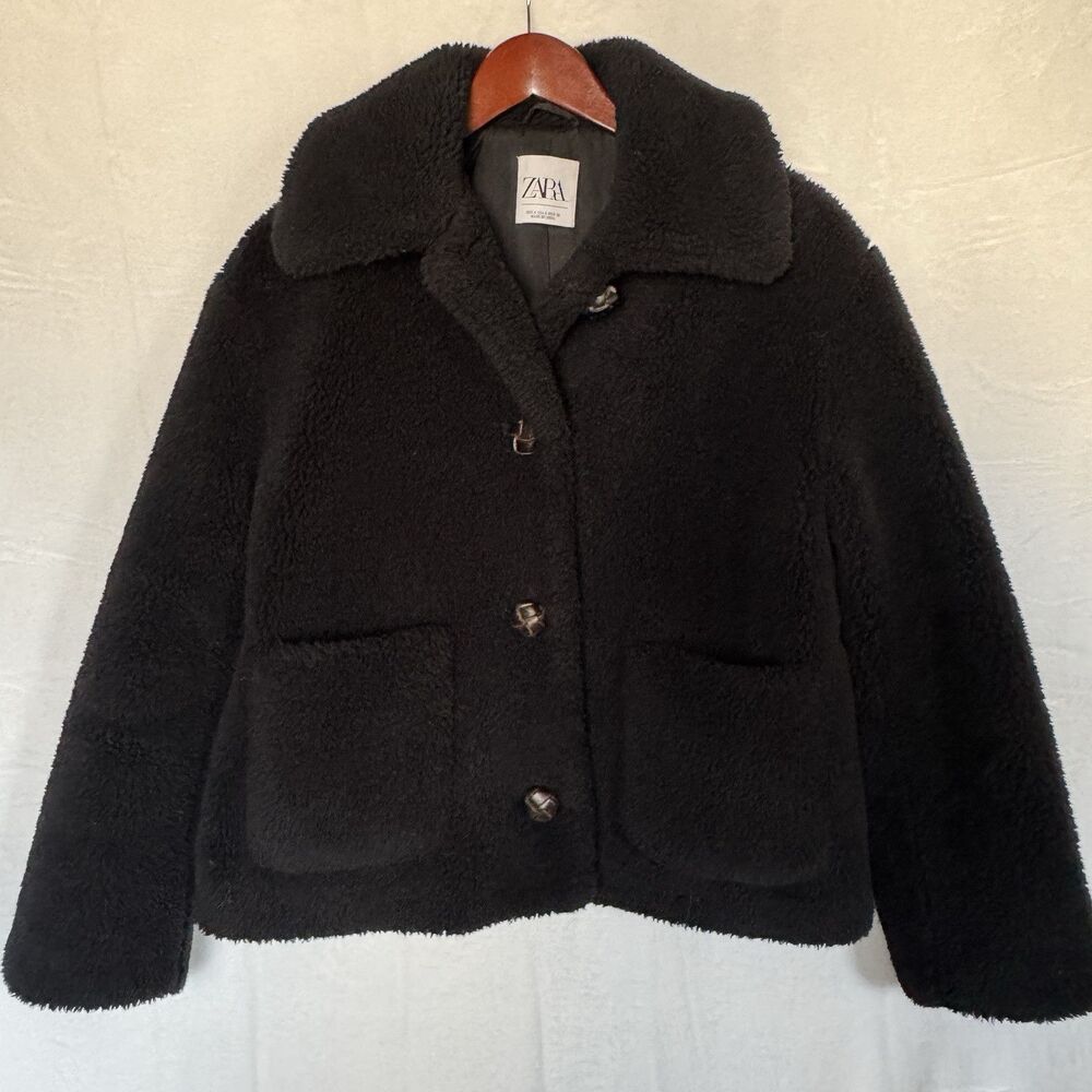Zara Women Black Teddy Jacket Size Small Button Up Fuzzy Faux Shearling Coat